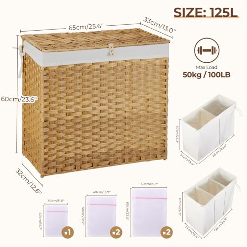 Greenstell Laundry Hamper with Lid, 125L Wicker Laundry Baskets with 2 Removable Liner Bags & 5 Mesh Laundry Bags, Handwoven Rattan Clothes Hamper with Handles for Clothes in Bathroom, Bedroom - color: Light Natural