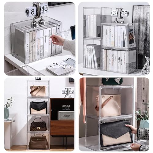 GUDEMAY Clear Stackable Plastic Storage Bins with Magnetic Lid, Dustproof Book & Cosmetic Display Cases, Large Figures Collectibles Showcase, Shoe Box, Protection Organizer (L, Count, 5) - size: L