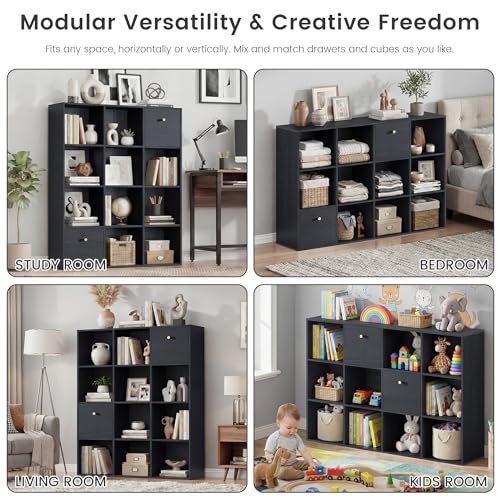 Cube Storage Organizer with 12 Open Shelf, Black Bookshelf with Storage Bins, Freestanding Book Case Set, 2 Packs Cubicle Shelf with Fabric Drawers, Bookcase for Bedroom Living Room Office Library - color: Black, size: 12 Cube (2PC)