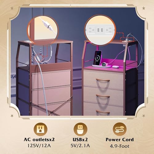 WLIVE 4 Drawer Dresser for Bedroom, 37" H Nightstand with Charging Station and Led Light, Tall Night Stand Bed Side Table, End Table with USB Ports and Outlets, Fabric Bins, Wood Shelf, Pink - color: Pink, size: 4 Drawers