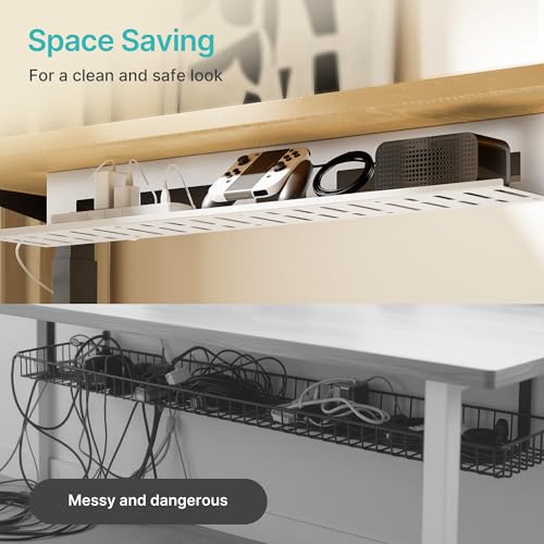 PEGZONE Under Desk Cable Management Tray, 31.5 Inches Metal Cord Organizer Rack, Desk Tray for Power Strip, Cord, Wire, Easy Mounting Cable Management Under Table for Home Office, White - color: White, size: 31.5"