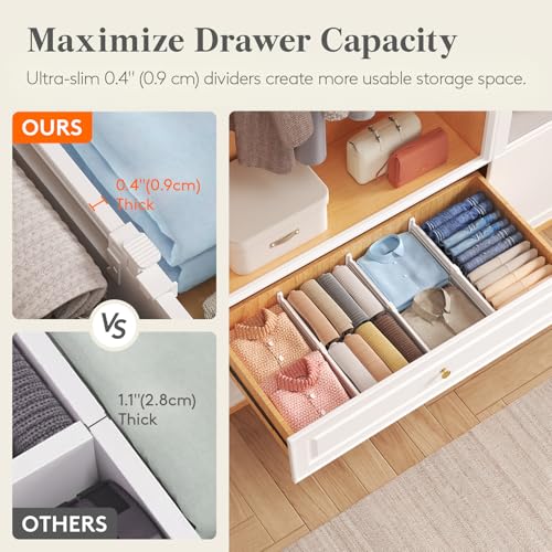 Lifewit 5" Tall 4 Pack Drawer Dividers, 30-47cm/11.5-18.5" Expandable Drawer Divider for Clothes, Adjustable Dresser Drawer Organizers, Drawers Separators for Dresser/Bathroom/Closet/Kitchen White - size: 5"H, 11.5-18.5"L