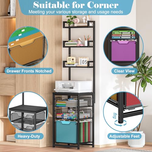 Sbanmao 3-Drawer File Cabinet with 3 Shelves, 61" Tall Vertical Filing Cabinet for Home Office, Metal Mesh Drawers with Small Printer Stand, Fit for Letter Files, Black - color: Black, size: 3 Shelves+3 Drawers