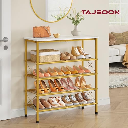 Tajsoon 5 Tier Shoe Rack Organizer for 16-20 Pairs of Shoes, Metal Mesh Shoe Shelf for Closet, Industrial Shoe Rack for Entryway Shoe Storage with X Shape Fixed Frame, White & Gold - color: White & Gold, size: 5-Tier