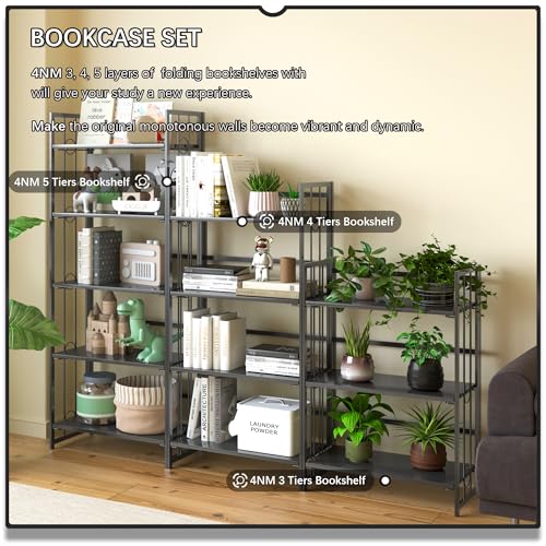 4NM No Assembly 4 Tiers Folding Bookshelf, 47.2" H Foldable Storage Shelves Vintage Bookcase Standing Racks Study Organizer Home Office - All Black - color: All Black, size: 4-Tier