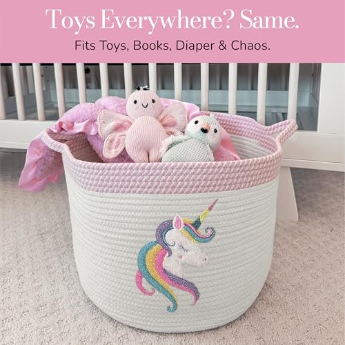 Unicorn Storage Basket for Nursery – Large 15”x11” Cotton Rope Bin with Soft Felt Animal Patch – Toy Organizer, Baby Laundry Hamper, Diaper & Towel Holder – Foldable, Washable & Baby-Safe - color: Unicorn