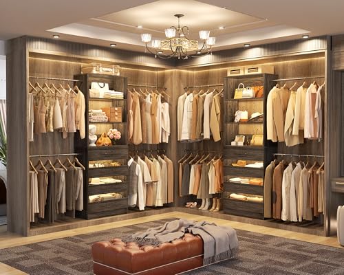 Aheaplus Closet System Set of 2, 4-9Ft Wood Closet Organizer with 8 Drawers & Shelves, Closet Organizer System with 8 Hanging Rods, Walk-in Closets Organizer Wardrobe Closet Rack, Black Oak - color: Black Oak-2Sets