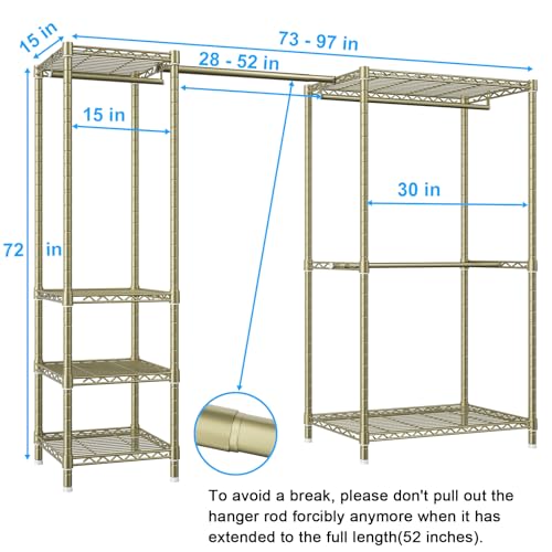 Ulif E10 Clothes Rack（With Stretchable Hanger Rod）Freestanding Clothing Racks for Hanging Clothes，Adjustable Closet Organizer System，Portable Garment Rack 73-97"W x 15" D x 72" H，Max Load 800LBS，Gold - color: Gold