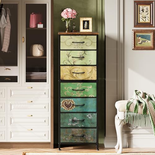 WLIVE Tall Dresser for Bedroom, 7 Drawer Dressers & Chests of Drawers, Fabric Dresser for Closet, Living Room, Night Stand with Metal Frame, Storage Tower with Fabric Bins, Wood Top, Floral Painted - color: Floral Painted, size: 11.73"D x 15.67"W x 45.28"