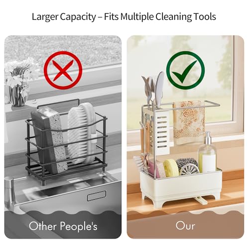 MOUKABAL Sponge Holder for Kitchen Sink, 2-Tier Sink Caddy Organizer with Drain Holes and Hooks, Holds Dishcloth, Sponge & Brushes, Kitchen Countertop Storage for New Home Essentials Off-white - color: Off-White 2