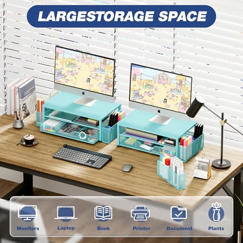 OPNICE Desk Organizers and Accessories, 2-Tier Computer Monitor Stand Riser with Drawer and 2 Pen Holders, Laptop Stand, Office Desk Accessories for Office Supplies, Teal Blue - color: Teal Blue