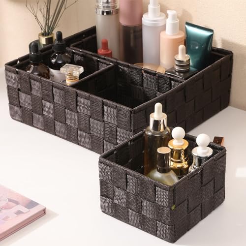 Storage Bins Woven Organizer Set of 4 – Polypropylene Storage Baskets with Metal Frame, Stackable Fabric Boxes for Drawers, Closet, Shelf, Nursery and Office, Brown - color: Brown, size: 4PCS-without lid