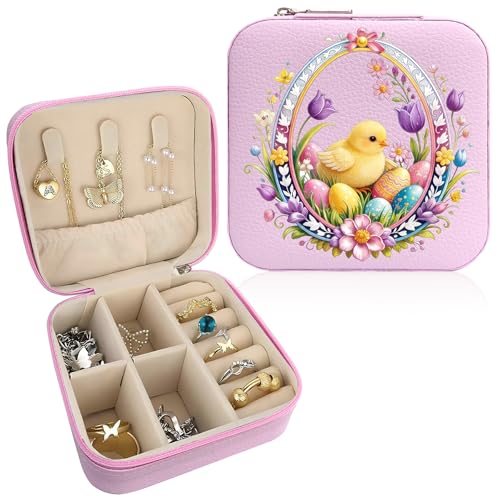 Flower Pattern Portable Print Jewelry Box, 1pcs Pink Compact Jewelry Box Travel Jewelry Case Organizer Bag Storage Box Jewelry Holder For Necklace Earrings Rings Bracelet - color: Easter flower