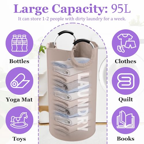 95L Folding Laundry Basket for Singles, Large Laundry Hamper with Aluminum Handles, Freestanding Dirty Clothes Basket, Sturdy Oxford Fabric Clothes Hampers for Travel, Dormitory, Khaki - color: Khaki, size: L-95L