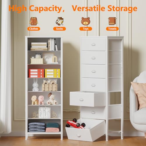 Furnulem White Tall Dresser for Bedroom with 7 Drawers, Vertical Chest of Drawer in Closet, Nightstand Storage Tower Unit Organizer with Fabric Bins for Dorm,Living Room,Entryway,Hallyway - color: White, size: 11.8"D x 15.8"W x 43.3"H (7 Drawers)