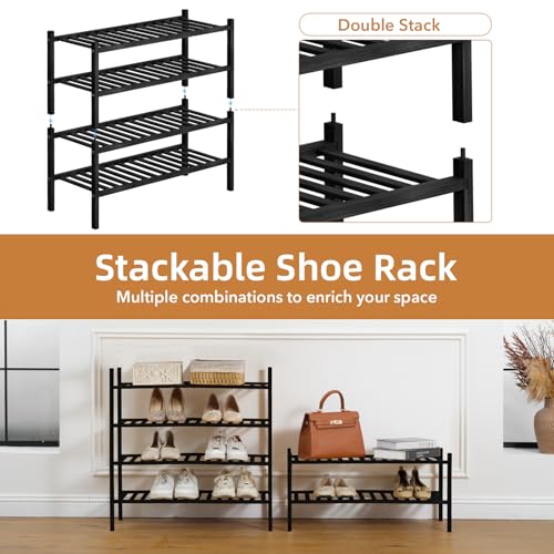 2 Tier Bamboo Shoe Rack Storage Organizer for Closet, Multifunctional Stackable Free Standing Shoe Shelf Organizer for Small Space,Entryway,Hallway,Bathroom 27"x11"x13" (Black, 2 Tier) - color: Black, size: 2 Tier