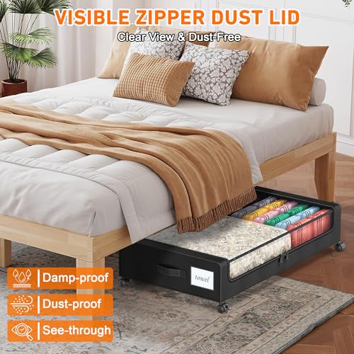 Under Bed Storage with Wheels, 2-Pack Under Bed Storage Containers with Clear Lids, XXL 60L Under the bed storage Organizer Bins, Rolling Under Bed Metal Drawer for Clothes,Shoes,Toys (Black, 2 Pack)