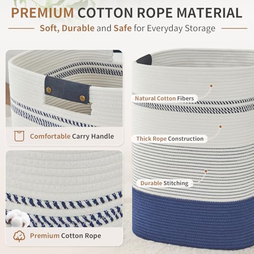 AINUOQI Large Laundry Basket - Tall Woven Rope Laundry Hamper with Leather Handles - Dirty Clothes hamper for Living room, Bedroom, 17" X 13.8" X 22", Dark Blue & White - color: Dark Blue & White, size: 85L