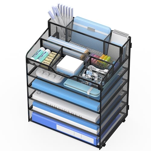 6 Tier Mesh Desk Organizer,Multi Functional Letter Paper Tray with 3 Pen Holders and 5 Adjustable Storage Compartments for Office Supplies Files and Mail Space Saving Desktop Organizer-Black - color: 6 Tier-black