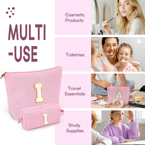 2 PCS Initial Makeup Bags for Women: Cosmetic Bag for Travel Toiletry - Birthday Gifts for 11 12 13 14 15 16 17 18 Years Old Girl Graduation Teacher Gift- Teen Girl Gifts Trendy Stuff - Pink I - color: Pink, style: I