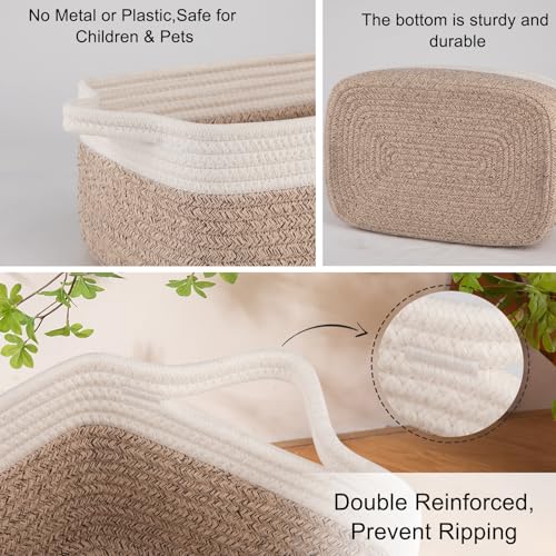 OIAHOMY 3 Pack Storage Baskets for Organizing, Woven Cotton Rope Basket for Shelves, Closet Organizer Bins with Handles, Rectangle Toy Organization, 13.78''×9.84''×5.5'', Brown & White - color: Brown variegated, size: 13.8''×9.8''×5.5''