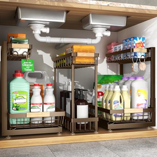 Sevenblue 3 Pack Under Sink Organizer, Multi-Purpose 2 Tier Pull-Out Metal Under Kitchen Sink Organizer, Height Adjustable Storage Shelves for Kitchen Bathroom Cabinet - color: Brown
