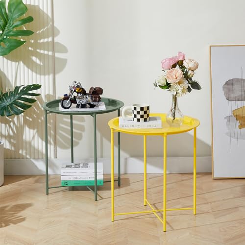 VECELO Side/End Table, Folding Round Metal Anti-Rust and Waterproof Outdoor or Indoor Tray for Living Room Bedroom Balcony and Office, 2 PCS, Yellow - color: Yellow, size: 2 PCS