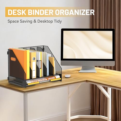 DALTACK Magazine File Holder, 5 Vertical Compartments Rack Binder Holder with Paper Tray, Metal Magazine Organizer for Office, Home, School (Black) - size: 5Rack