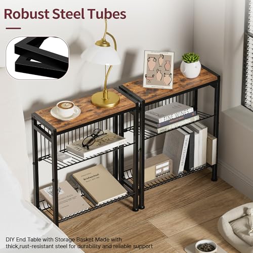 Narrow Side Table for Small Space, 3-Tier End Table with Magazine Holder,Slim Nightstand with Wire Shelf, Skinny Bedside Table in Living Room, Bedroom, Study, kitchen and Balcony (Rustic Brown) - color: Upgrade-rustic Brown