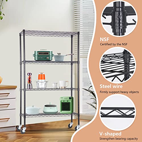 BestOffice | 4-Tier Wire Storage Shelves with Wheels | 36x14x62 | Black | Adjustable Racks | Heavy-Duty Metal Shelf, Holds Upto 500 lbs | No-Tool Assembly | Ideal for Home & Garage Shelving - color: Black, size: 36"D x 14"W x 62"H