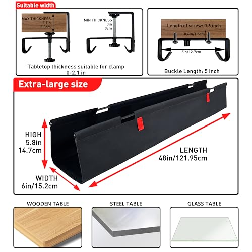 Under Desk Cable Management No Drill – 48" L x 6" W Cord Organizer, Upgraded Silicone Pads (No Scratch), 16 Cable Slots, Washable PE Honeycomb Base, Fits Desks 0–2.1" Thick, Black - color: Black, size: Upgraded with Enhanced Features-48"L x 6"W