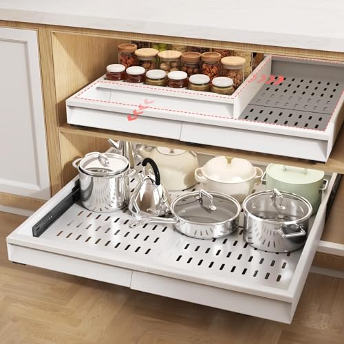 Seinloes 2 Pack Pull Out Cabinet Organizer With Raising Pad for Framed Cabinets,Expandable Width (15"-25") and Depth (17"-24"),3 Slide Rails Slide Out Drawers with Handle,No-Drill Roll Out Shelf,White - color: White, size: 15"-25"W x 17"-24"D(2Pack)