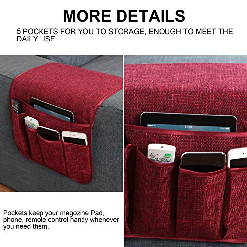 Sofa Armrest Organizer Non-Slip Remote Control Holders for Recliner Couch Chair Armchair Caddy with 5 Pockets for Table,Cell Phone,Ipad,Magazines,Books (Winered, 13 x 35 Inch) - color: Winered, size: 13 x 35 Inch
