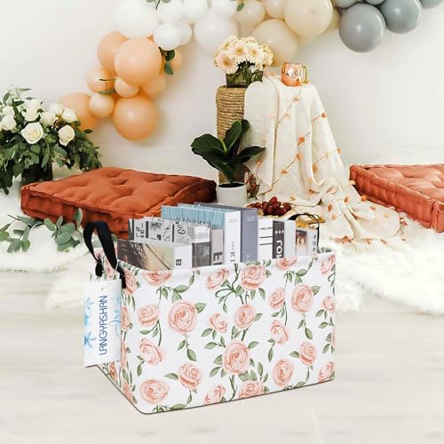 LANGYASHAN Rectangular Storage Bin Collapse Canvas Fabric Cartoon Storage Basket with Handles for Organizing Home Kitchen Boys and Girls Toys Office Closet Shelf Baskets (Rec Champagne Rose) - color: Rec Champagne Rose
