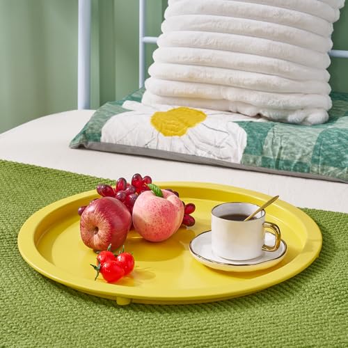 VECELO Round Side/End Table with Fabric Storage Basket，Metal Anti-Rust and Waterproof Small Bedside Nightstand with Removable Tray Top for Living Room，Balcony & Laundry，Yellow /1pcs with Basket - color: Yellow, size: 1 PCS