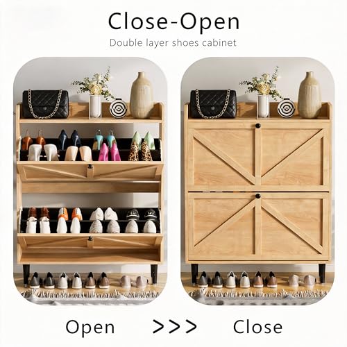 VDNEND Shoe Storage Cabinet for Entryway with 2 Flip Drawers，Narrow Shoe Cabinet with Soild Wood Legs，Freestanding Hidden Shoe Organizer for Foyer, Hallway (1, Natural Oak) - color: Natural Oak