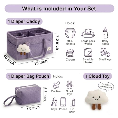 PeraBella Baby Diaper Caddy Organizer, Baby Basket Shower Gift, Portable Changing Table Basket, Postpartum Caddy & Tote Bag Pouch, Newborn Boy & Girl Nursery Essentials Registry, Car Diaper Organizer - color: Lavender