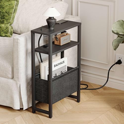 Narrow Side Table with Charging Station, Slim End Table with Magazine Rack, Bedside Table for Small Spaces, 3 Tier Sofa Couch Table Nightstand for Living Room, Bedroom, Black LET503BE - color: Black