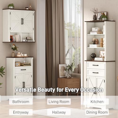 Farmhouse Bathroom Storage Cabinet,Double Wooden Bathroom Wall Cabinet with Roman Column Decor, Farmhouse Medicine Cabinets w Barn Doors,Storage Cabinets Wall Mounted for Kitchen(Rustic White) - color: Rustic White, style: Wall Double Storage Cabinet