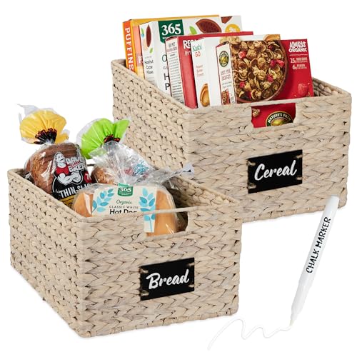 Best Choice Products Pantry Baskets Set of 2 16x12in Water Hyacinth Storage Baskets, Woven Wicker Kitchen Organizers with handles w/Chalkboard Label Chalk Marker - White - color: White, size: 12x16x8in