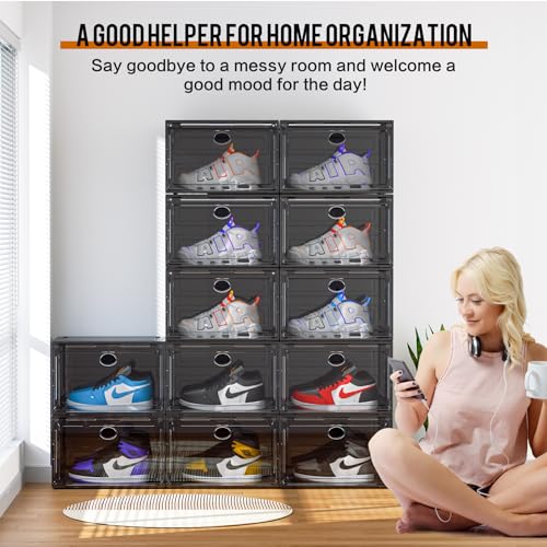 KEFA XL Shoe Storage Box Organizer, 8 Pack Shoe Boxes Clear Plastic Stackable, Sneaker Display Case Container Fit for US 13 (Side 8 PACK BLACK) - color: 8 PACK BLACK