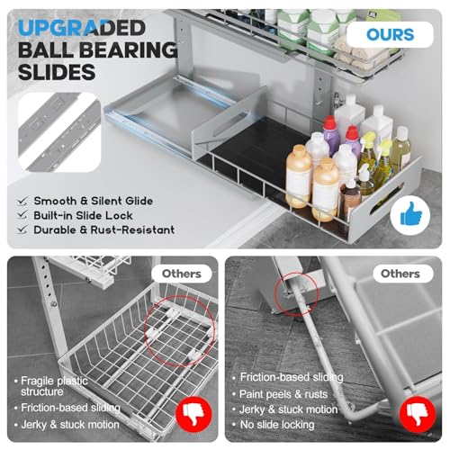 Under Sink Organizer Upgrade To Professional Rails,2-Tier Dual Pull Out Cabinet Storage,Height Adjustable Slide Out Drawers For Bathroom Kitchen,2 Pack-16.7"Dx12.8"-16.9"H,Gun Gray - color: Gun Gray, size: 2 Pack-16.7"Dx12.8"-16.9"H