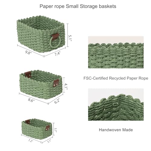 Small baskets for Organizing,Cute woven Storage basket with recycled paper rope for Shelves Bathroom,Little decorative basket,Set of 3 (Dark Green) - color: Dark Green