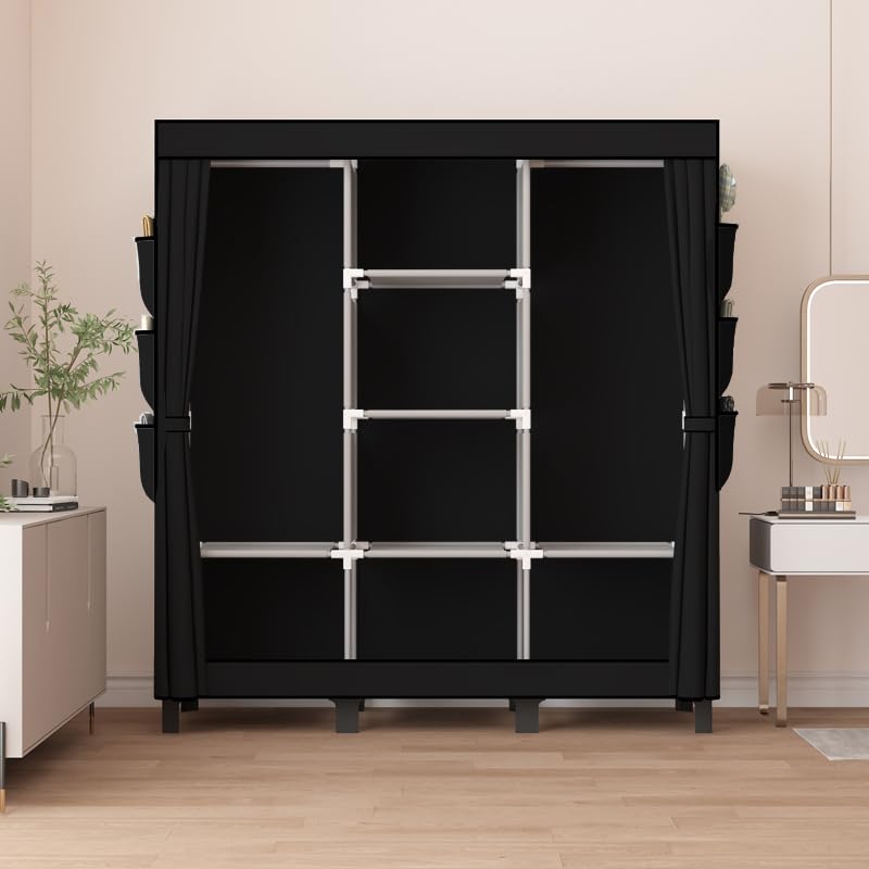 Portable Wardrobe, Clothes Organizer, Easy Hanger Wardrobe, Multiple Dividers and 3 Drawers, 6 Side Pockets Large Capacity (Black) - color: Black