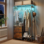 Heavy Duty Clothes Rack with 3 Drawers & LED Light, Garment Rack with 3 Shelves, Free Standing Wardrobe Organizer with 8 Hooks for Bedroom, Small Space, Garming Room（37.8"W x 66.93"H, Rustic Brown） - color: Rustic