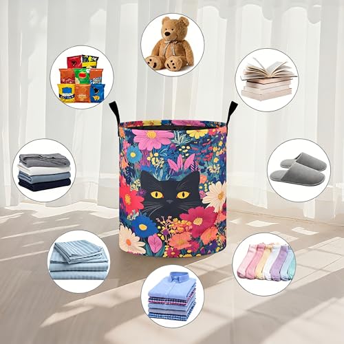 Black Cat Floral Laundry Basket Foldable Oxford Cloth Tote Bag Laundry Hamper Clothes Storage Bucket Organizer For Bathroom/Laundry Storage/Bedroom 19.6x15.7 Inch - color: Black Cat Floral