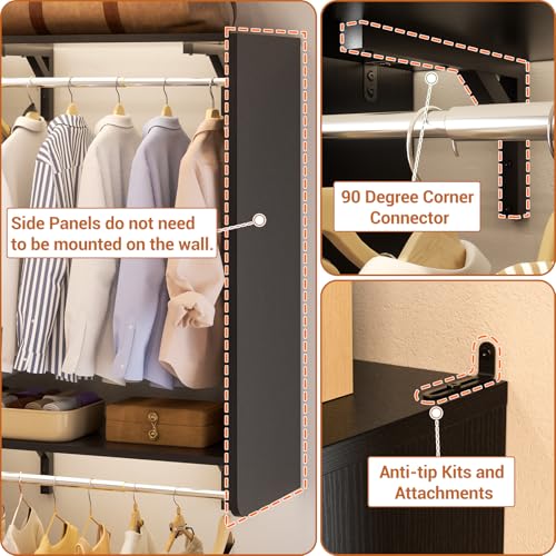 10FT Closet System with 4 Drawers, 120" Closet Organizer System with 6 Hanging Robs & Reversible Hanging Shelving, Closet Systems for Walk-in Closets, Load 2000+LBS, Black 2 Pack - color: Black, size: 10FT