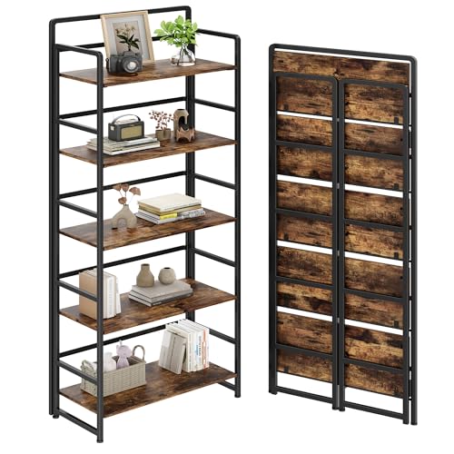 No Assembly Folding Bookshelf, 5 Tiers Collapsible Book Shelf for Home Office, Vintage Wood Foldable Bookcase Storage Organizer for Living Room Bedroom (Rustic Brown) - color: Rustic Brown, size: 5-tier
