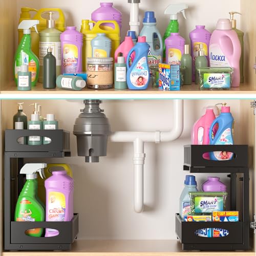 Under Sink Organizer, 1-Pack of 2-Tier Metal Slide Out Pull Out Cabinet Organizer Shelf, Height Adjustable Organization and Storage Series, Bathroom/Desktop/Cabinet/Kitchen organization, Black - color: Black - Single Pack, size: Standard Version