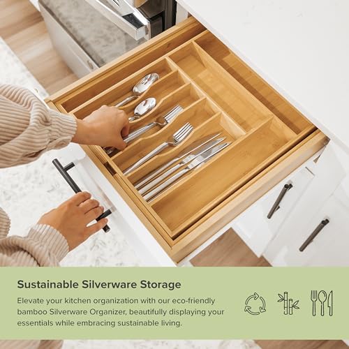 KitchenEdge Premium Silverware, Flatware and Utensil Organizer for Kitchen Drawers, Food-Safe Contract Grade, Expandable from 14 to 25 In, Natural Bamboo - color: Natural Bamboo, size: From 14.5" to 25" wide
